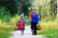 little boy and girl going on mushrooms picking